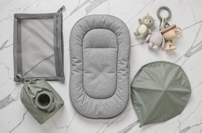 Flat-lay d'accessoires essentiels pour poussette bébé sur fond marbre blanc