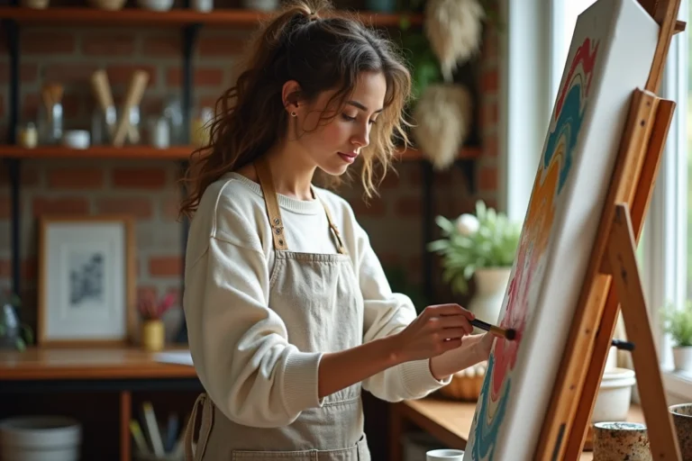 Femme peignant sur une toile dans un atelier créatif fait maison avec des murs en briques apparentes et des pinceaux colorés