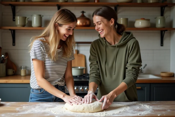 Deux amies riant ensemble en préparant de la pâte à pain dans une cuisine rustique conviviale pendant leur temps libre