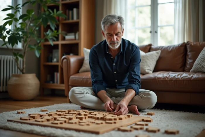 Homme assemblant un puzzle en bois sur le sol d'un salon cosy décoré de plantes et de livres pendant son temps libre