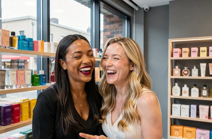 Deux femmes aux profils beauté différents découvrant ensemble les nouveautés cosmétiques dans une boutique beauté contemporaine
