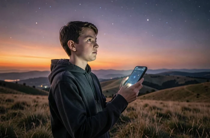 Adolescent utilisant une application de cartographie des étoiles sur smartphone au coucher du soleil sur une colline pour débuter en astronomie