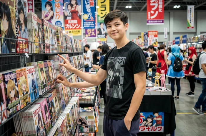 Adolescent parcourant des mangas lors d'une convention culturelle japonaise, devant un présentoir coloré de volumes manga