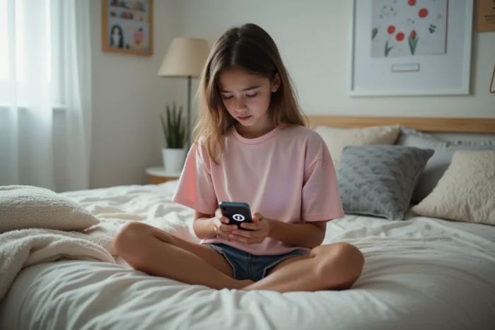 Adolescente dans sa chambre regardant son téléphone avec Snapchat qui ne fonctionne pas correctement, expression confuse