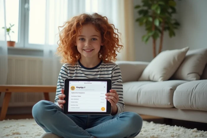 Adolescente explorant la page sitemap d'un site familial sur une tablette dans le salon