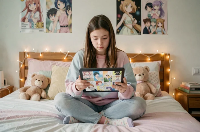 Adolescente lisant des scans manga sur une tablette dans sa chambre avec décoration anime