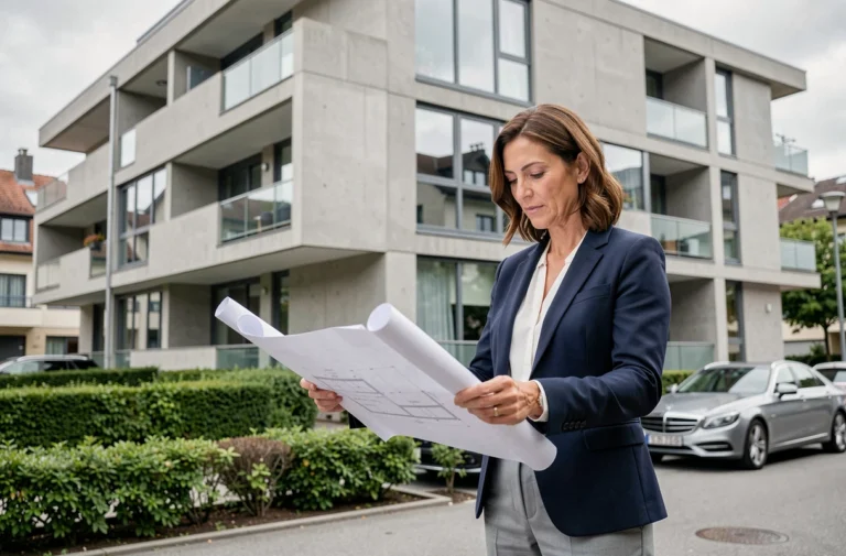 Agent immobilière suisse examinant des plans architecturaux devant un immeuble moderne à Zurich