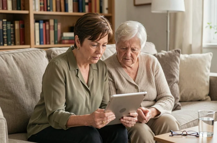 Une femme aidant sa mère âgée à utiliser une tablette numérique dans le salon familial, pour illustrer les conseils d'accompagnement parental