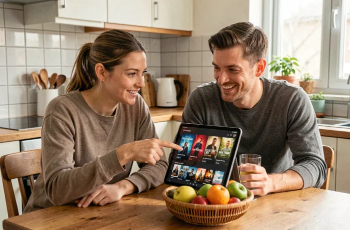 Deux amis explorant ensemble des alternatives de films en streaming sur une tablette dans une cuisine