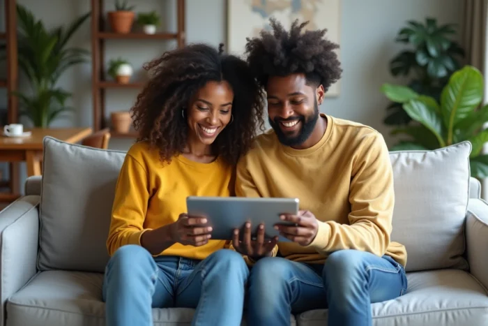 Deux amis consultant ensemble les jeux FDJ en ligne sur une tablette dans un salon