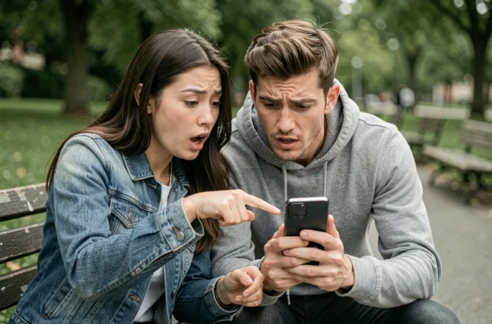 Deux amis assis sur un banc dans un parc examinant ensemble un téléphone affichant WhatsApp, surpris de constater qu'un groupe a disparu