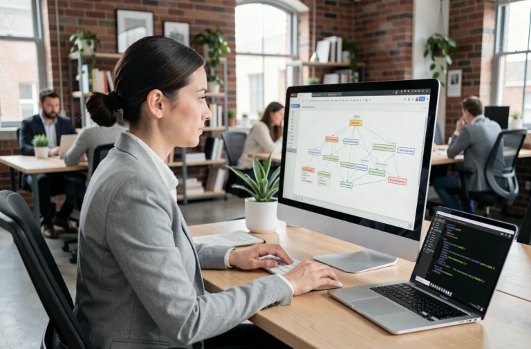 Développeuse web analysant un diagramme de sitemap sur un écran d'ordinateur dans un bureau moderne