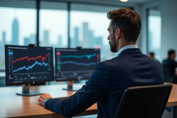 Analyste financier spécialisé en innovation santé travaillant sur des tableaux de bord numériques dans un bureau fintech moderne