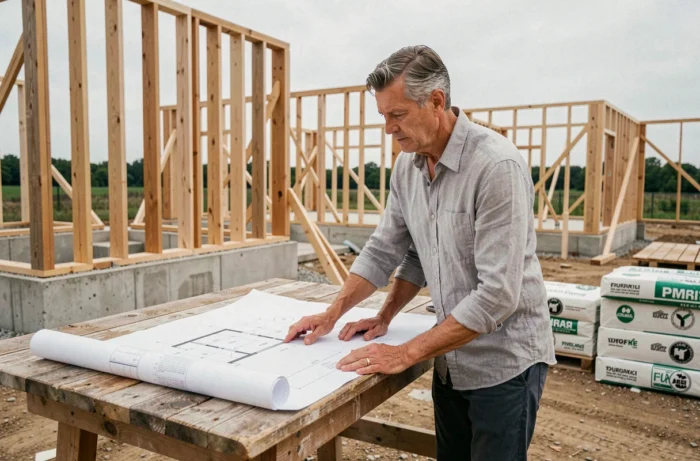 Architecte examinant des plans de construction sur un chantier de maison à ossature bois avec matériaux écologiques innovants
