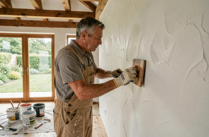 Artisan appliquant un enduit à la chaux naturelle sur un mur intérieur d'une maison écologique avec poutres en chêne apparentes