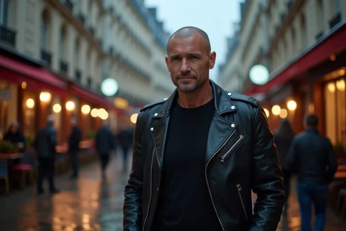 Artiste de hip-hop parisien en veste en cuir noir sur un trottoir mouillé à Paris, entre notoriété publique et intimité personnelle