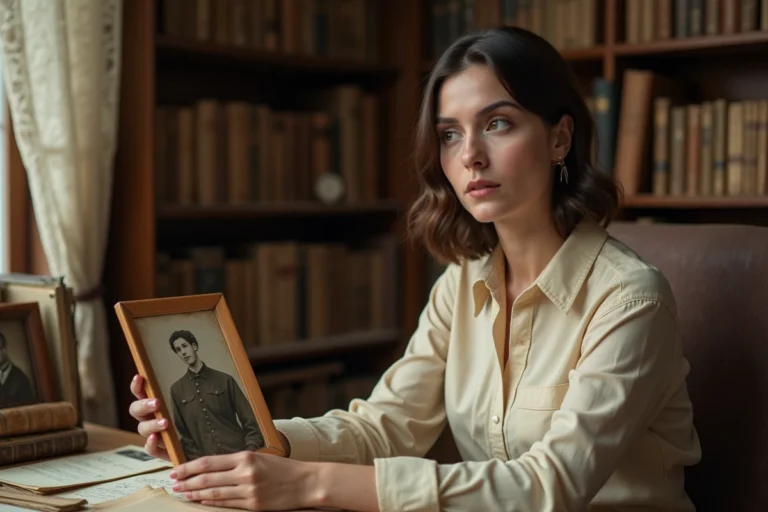 Femme tenant une photographie de famille ancienne dans un bureau rempli de documents et portraits historiques illustrant une biographie familiale