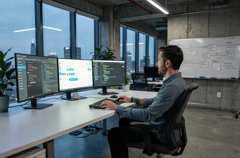 Un ingénieur en intelligence artificielle travaille sur plusieurs écrans affichant des interfaces de modèles de langage dans un bureau technologique moderne