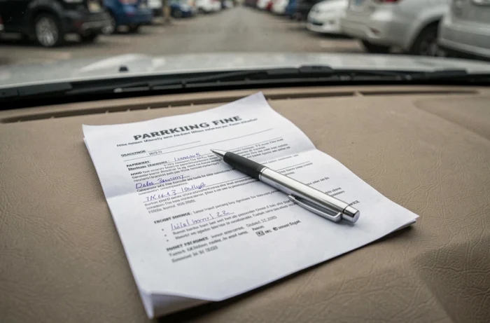 Avis de stationnement Synergie Eurodatacar posé sur le tableau de bord d'une voiture avec un stylo