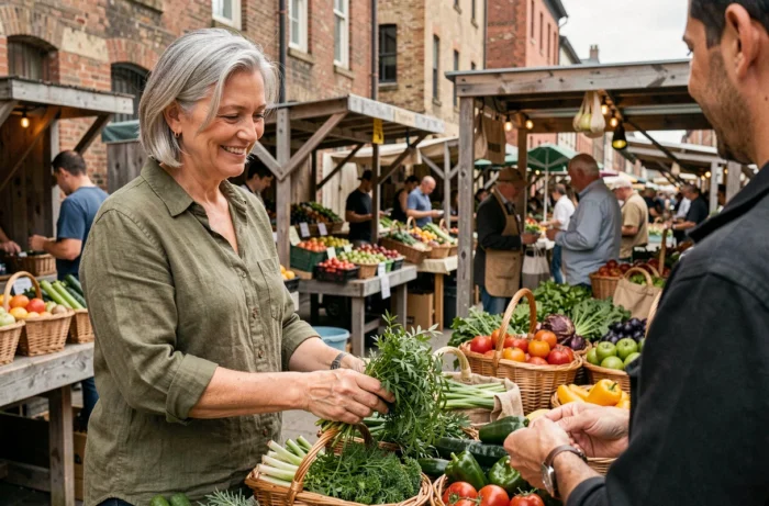 Femme élégante aux cheveux naturels grisonnants choisissant des légumes frais dans un marché en plein air