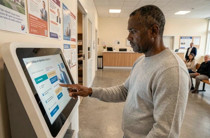 Homme utilisant une borne numérique interactive avec assistance IA dans une mairie française pour accéder au logement social