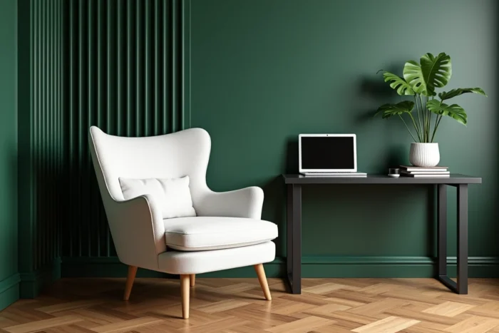 Bureau à domicile tendance avec fauteuil bouclé blanc, boiserie cannelée vert forêt et parquet en chevrons pour une décoration intérieure inspirante