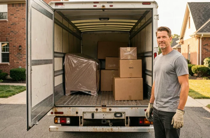 Intérieur du compartiment cargo d'un camion 10m3 avec des cartons de déménagement illustrant la capacité de transport