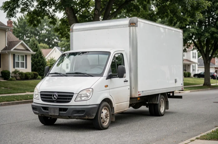 Camion 10m3 blanc garé dans une rue résidentielle montrant ses dimensions extérieures