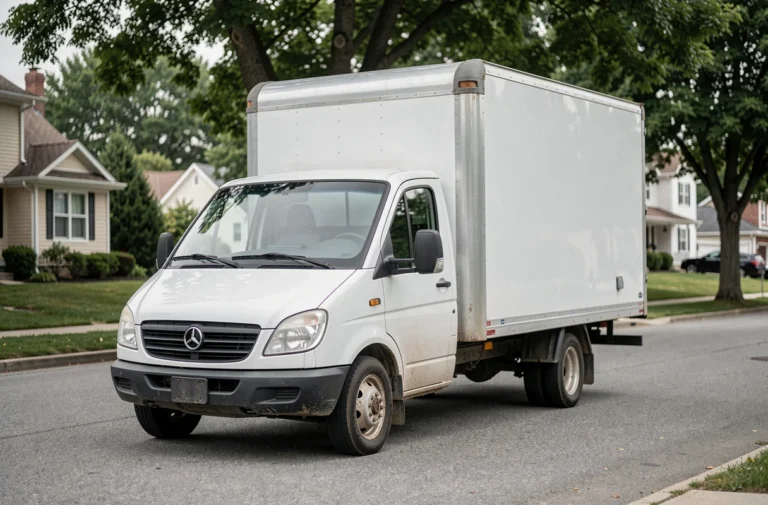 Camion 10m3 blanc garé dans une rue résidentielle montrant ses dimensions extérieures