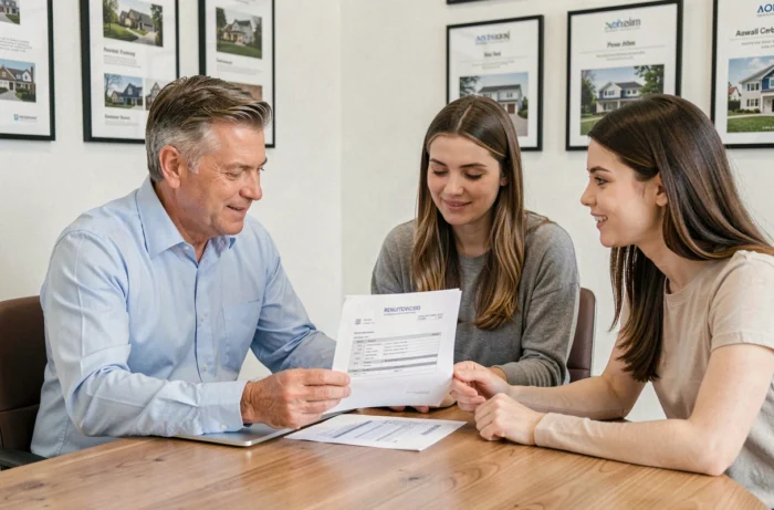 Agent immobilier et jeune couple signant une caution solidaire dans une agence immobilière moderne