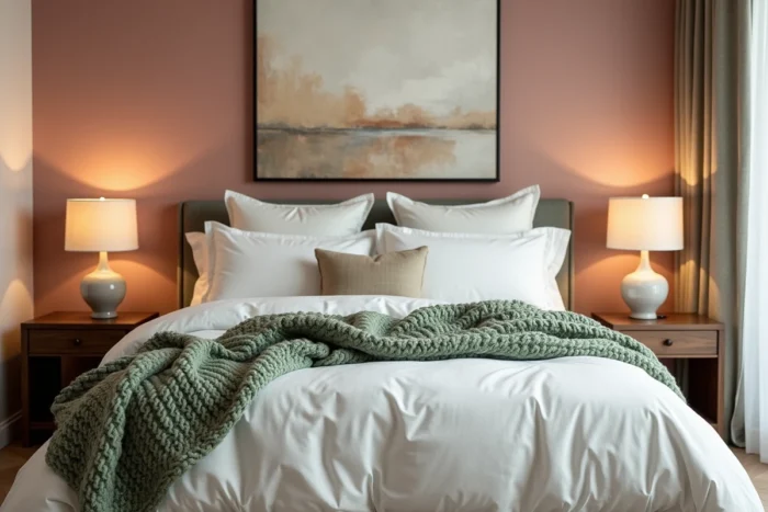 Chambre à coucher cosy avec literie blanche, plaid vert sauge en laine chunky et mur en chaux rosé pour une déco tendance