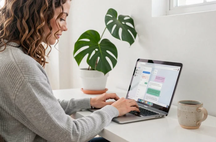 Une femme utilise ChatGPT sur son ordinateur portable depuis un bureau à domicile, illustrant l'usage grand public de l'assistant IA d'OpenAI