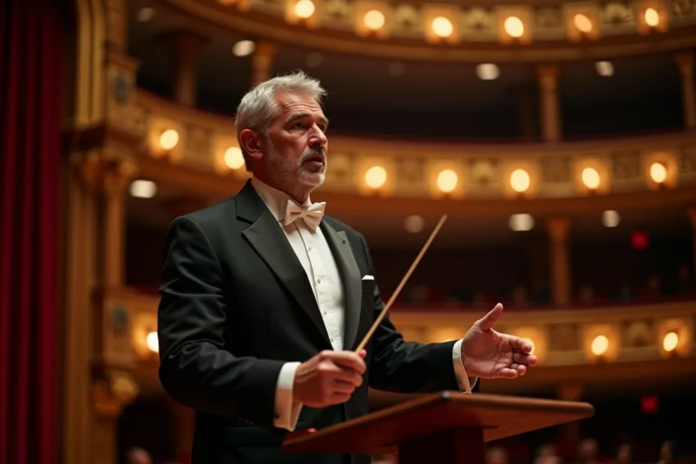 Chef d'orchestre sur la scène d'un opéra italien du XIXe siècle, illustrant l'univers des œuvres de Verdi