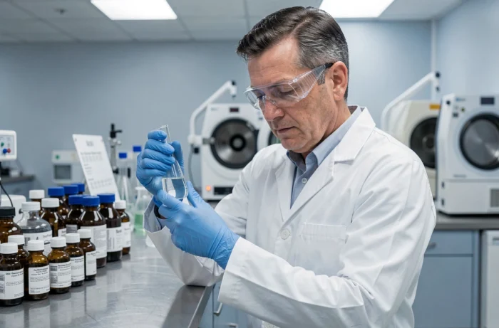 Chercheur scientifique examinant un échantillon dans un laboratoire biomédical moderne lors d'une innovation santé 2024