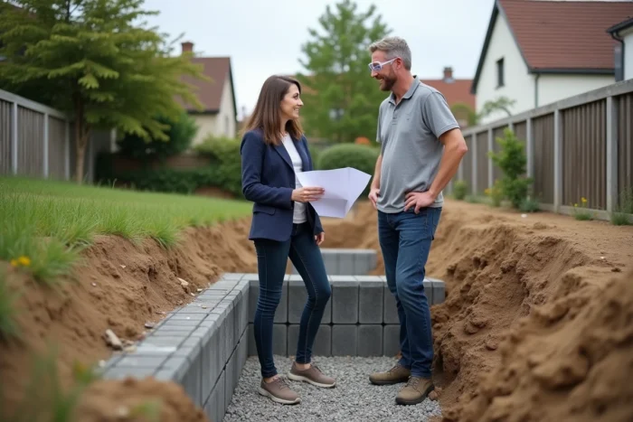 Propriétaire et entrepreneur discutant du plan de fondation béton d'une terrasse
