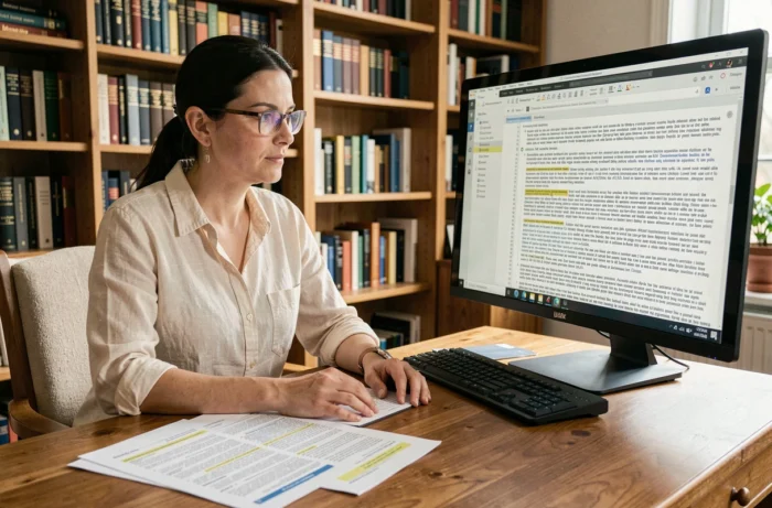 Une chercheuse analyse de longs documents avec Claude, l'assistant IA spécialisé dans l'analyse approfondie et la fiabilité