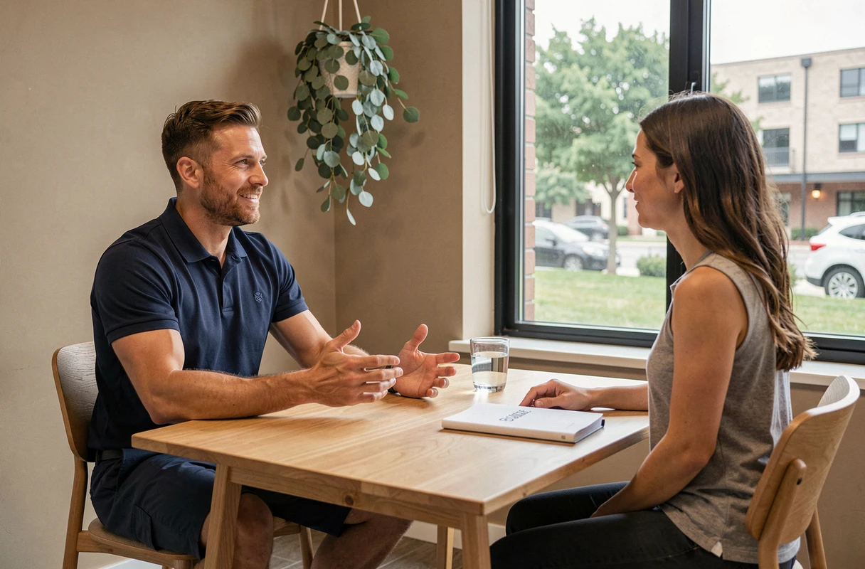 Coach bien-être en séance de consultation avec une cliente dans un centre de bien-être contemporain