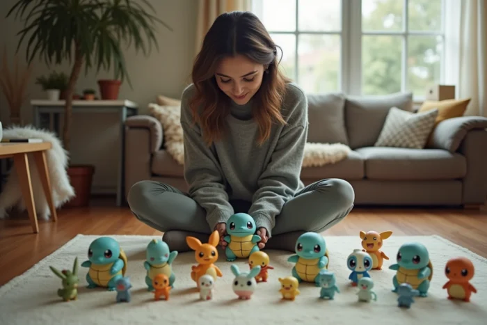 Femme admirant une collection de figurines Pokémon dont Tortank et Rondoudou sur un tapis
