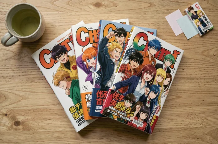 Collection de mangas célèbres commençant par la lettre C disposés en éventail sur un bureau en bois avec une tasse de thé vert