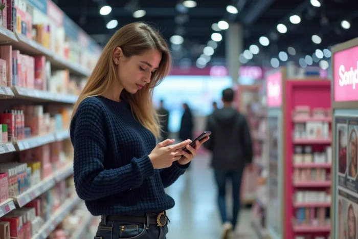 Femme consultant son téléphone pour comparer les prix de produits de beauté en magasin, thème comparatif Marionnaud et Nocibé