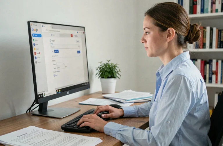 Femme configurant une adresse mail AC Versailles sur Gmail depuis un ordinateur de bureau à domicile