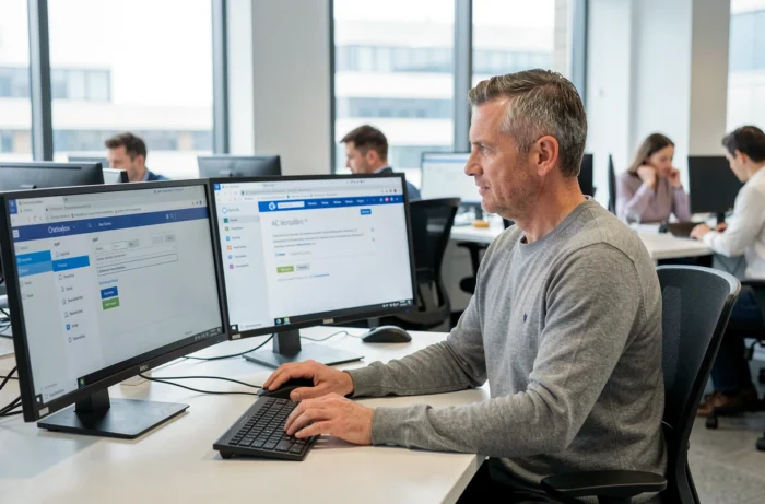 Homme configurant un compte mail académique sur Microsoft Outlook dans un bureau professionnel avec double écran