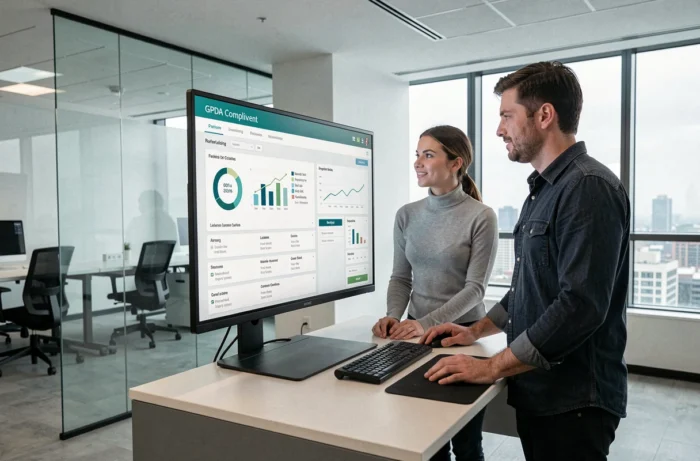 Deux collègues analysant un tableau de bord de conformité RGPD dans un bureau moderne