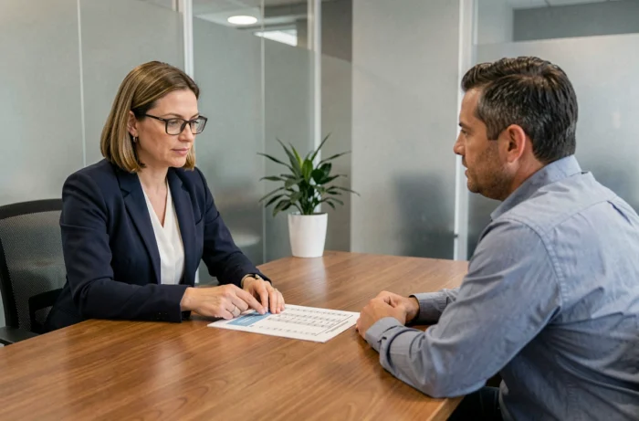 Conseillère bancaire présentant les conditions d'un prêt immobilier à un client en agence