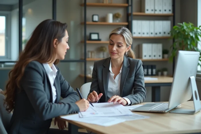 Conseillère fiscale expliquant les parts fiscales à une cliente veuve dans un cabinet comptable