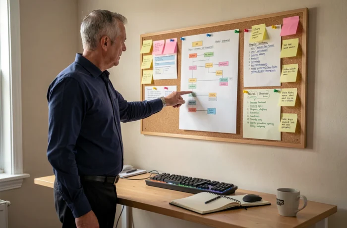 Consultant SEO debout devant un tableau de planification de sitemap avec annotations et hiérarchie d'URL