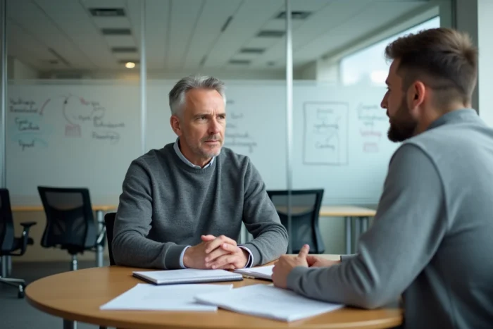 Homme adulte en entretien avec un conseiller en orientation professionnelle pour choisir une formation adaptée