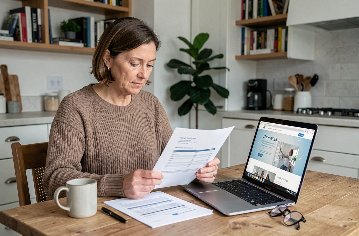 Femme consultant les tarifs et contrats Age d'Or Services sur ordinateur et documents imprimés