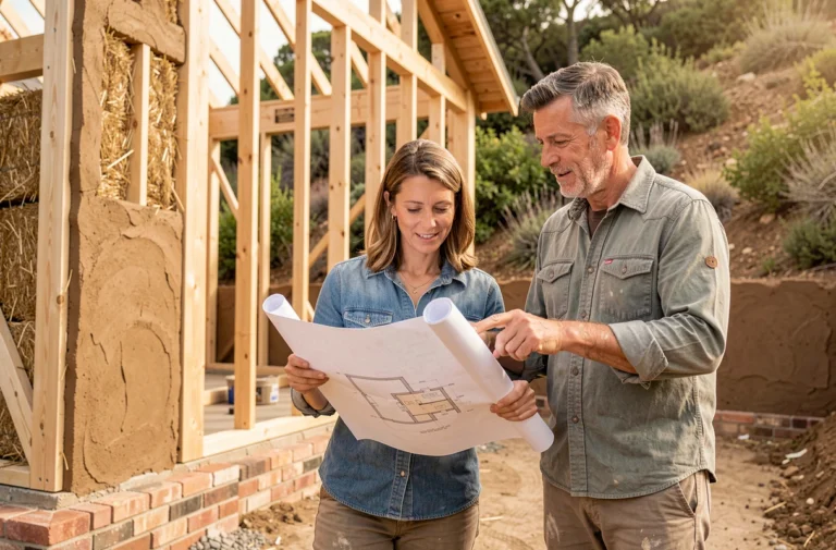 Couple examinant des plans d'architecte devant une maison écologique en construction avec isolation en bottes de paille et ossature bois