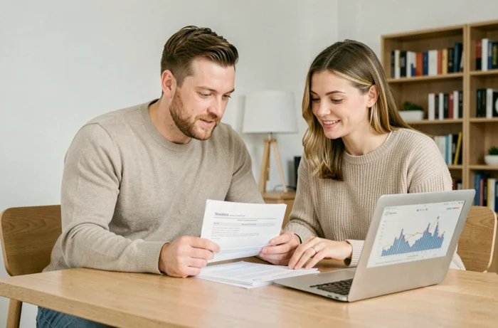 Couple étudiant un dossier de crédit immobilier à domicile avec des documents et un ordinateur portable